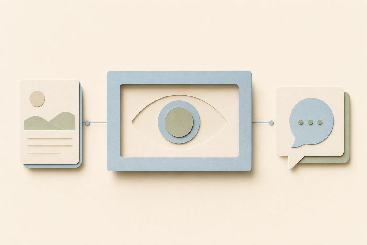 A post card connects to a viewing window and then to a separate conversation card.