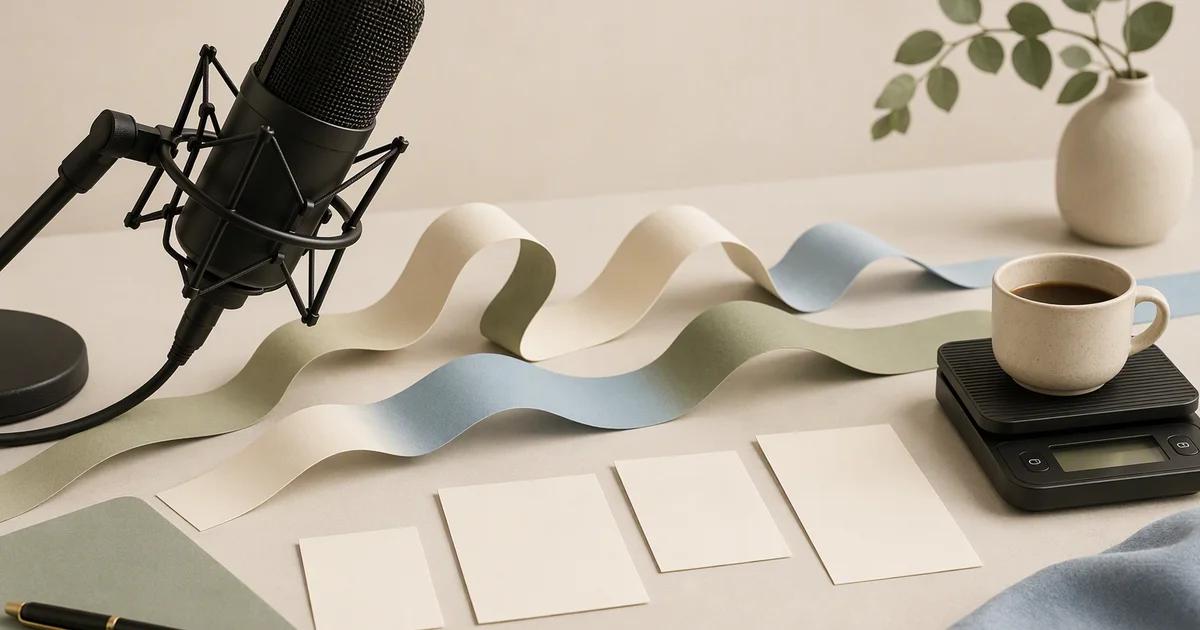 A microphone, coffee scale, and spaced paper waves illustrate voiceover rhythm.