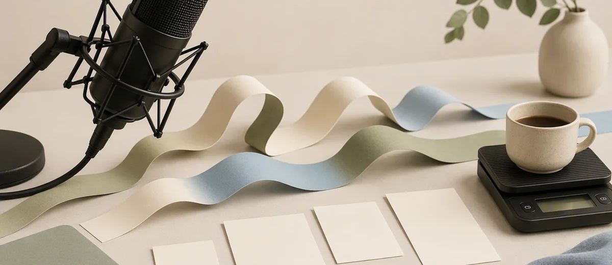 A microphone, coffee scale, and spaced paper waves illustrate voiceover rhythm.