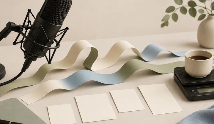 A microphone, coffee scale, and spaced paper waves illustrate voiceover rhythm.