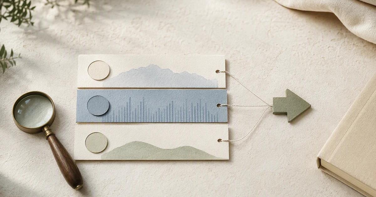 Layered paper measurement cards connected to a single green decision marker