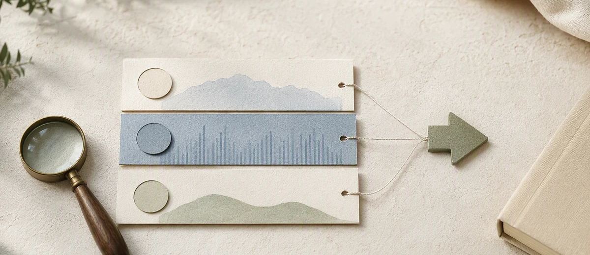 Layered paper measurement cards connected to a single green decision marker