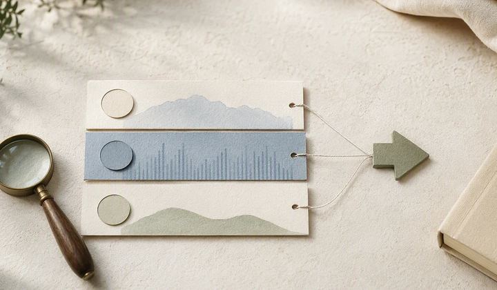 Layered paper measurement cards connected to a single green decision marker