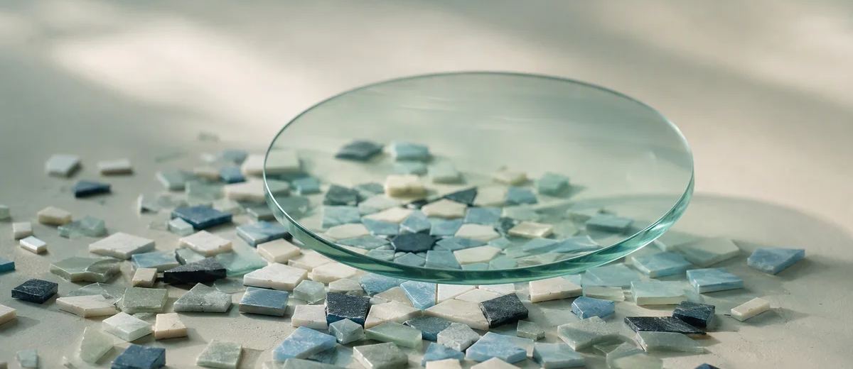 A translucent mint lens rests above scattered blue and ivory mosaic pieces on a pale surface.