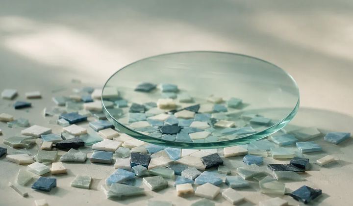 A translucent mint lens rests above scattered blue and ivory mosaic pieces on a pale surface.