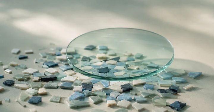A translucent mint lens rests above scattered blue and ivory mosaic pieces on a pale surface.