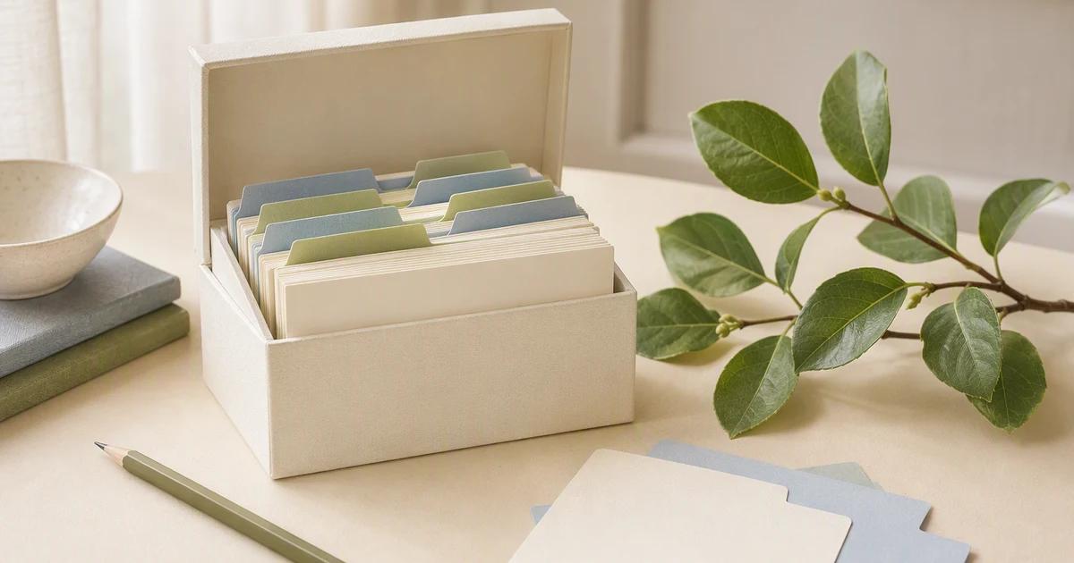 A cared-for paper card library with a small green branch, index tabs, and a review pencil.
