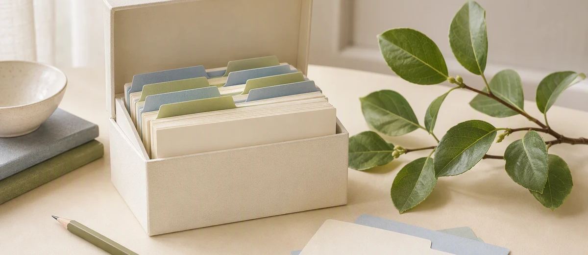A cared-for paper card library with a small green branch, index tabs, and a review pencil.