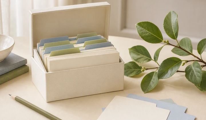 A cared-for paper card library with a small green branch, index tabs, and a review pencil.