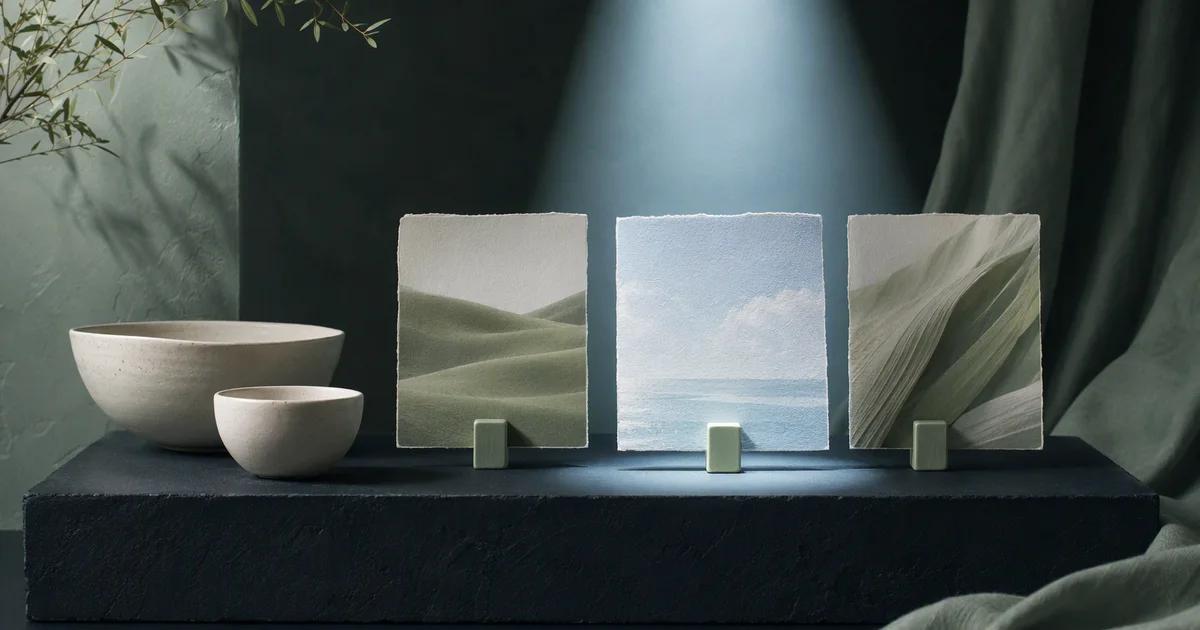 Two ivory bowls sit beside three clipped landscape prints on an ink plinth, with the center print lit from above.