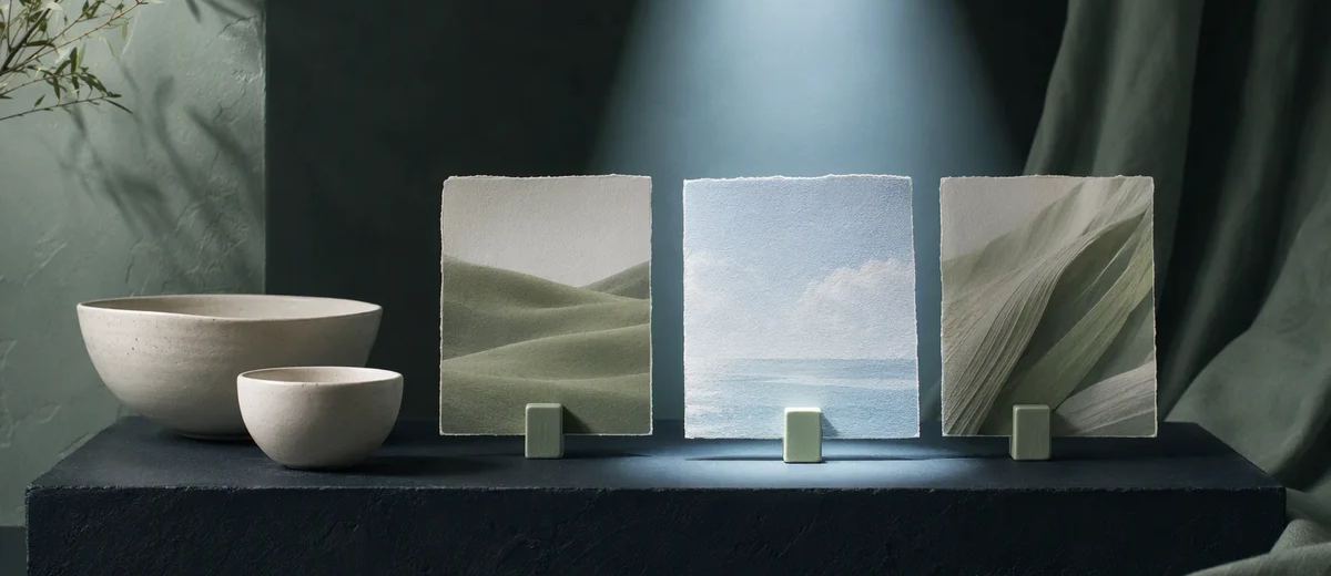 Two ivory bowls sit beside three clipped landscape prints on an ink plinth, with the center print lit from above.