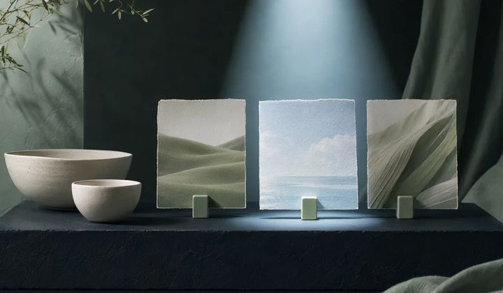 Two ivory bowls sit beside three clipped landscape prints on an ink plinth, with the center print lit from above.
