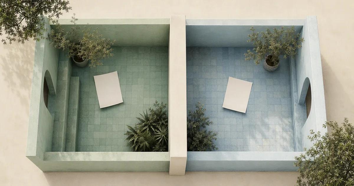 Two separated courtyards illustrating independent workspace boundaries.