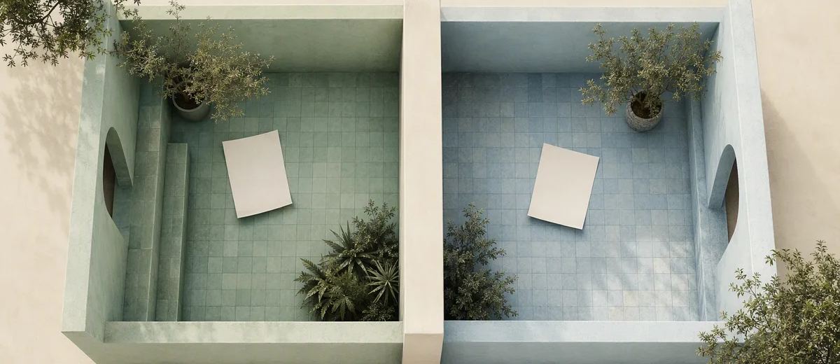 Two separated courtyards illustrating independent workspace boundaries.