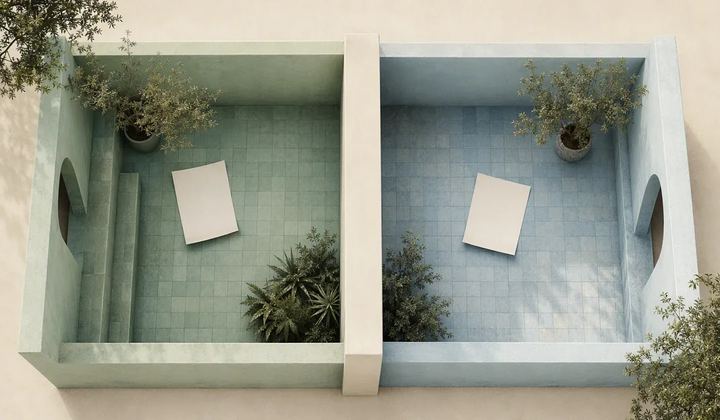 Two separated courtyards illustrating independent workspace boundaries.