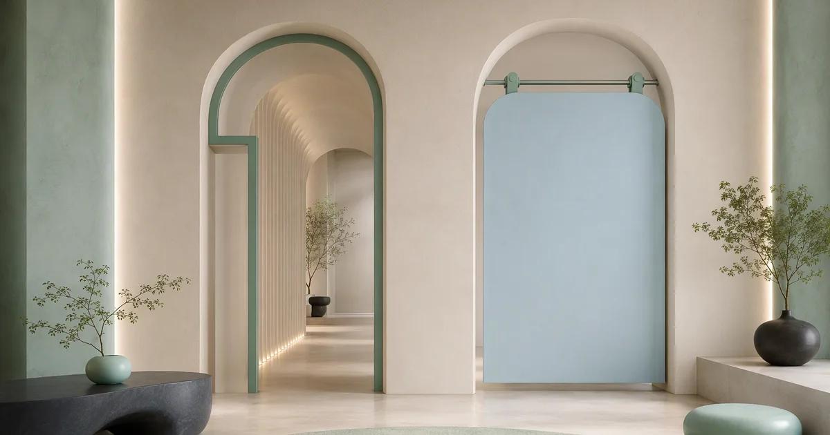Two ivory passages have different entrances: a stepped mint outline on the left and a pale blue sliding panel on the right.