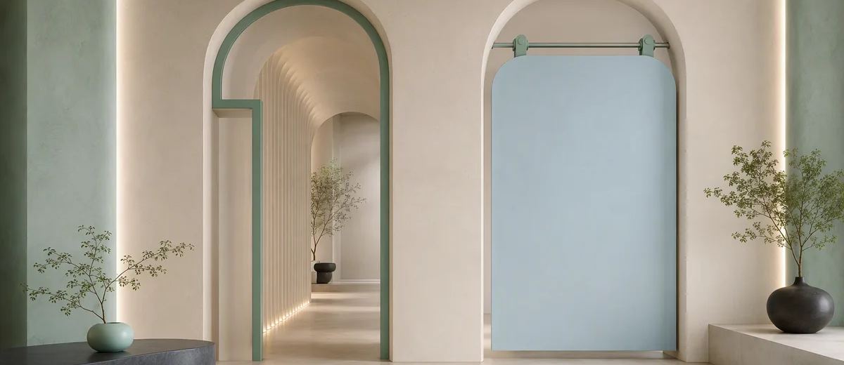 Two ivory passages have different entrances: a stepped mint outline on the left and a pale blue sliding panel on the right.