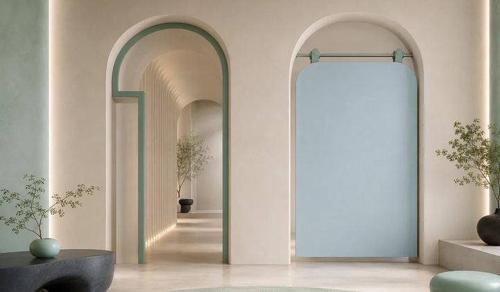 Two ivory passages have different entrances: a stepped mint outline on the left and a pale blue sliding panel on the right.