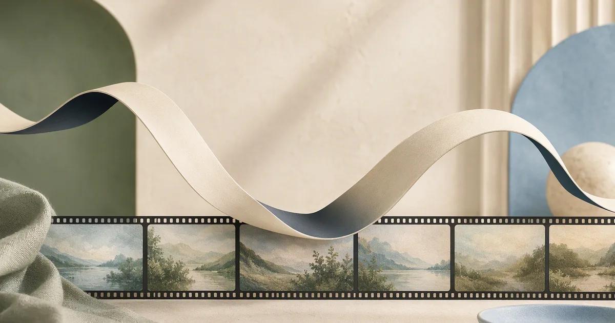 A sculptural ribbon with a gentle dip and recovery beside film frames.