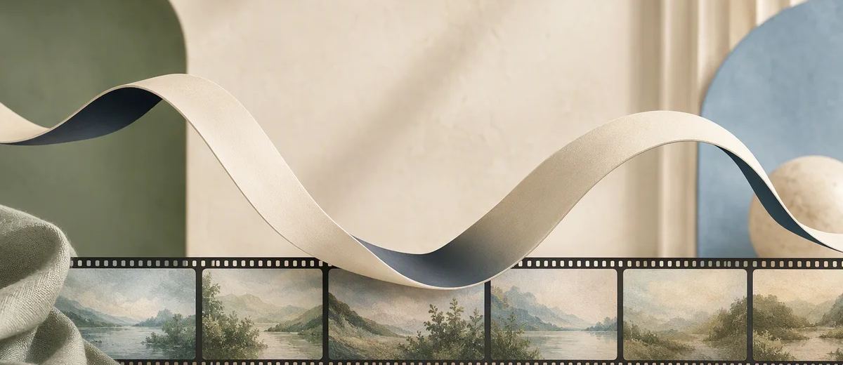 A sculptural ribbon with a gentle dip and recovery beside film frames.