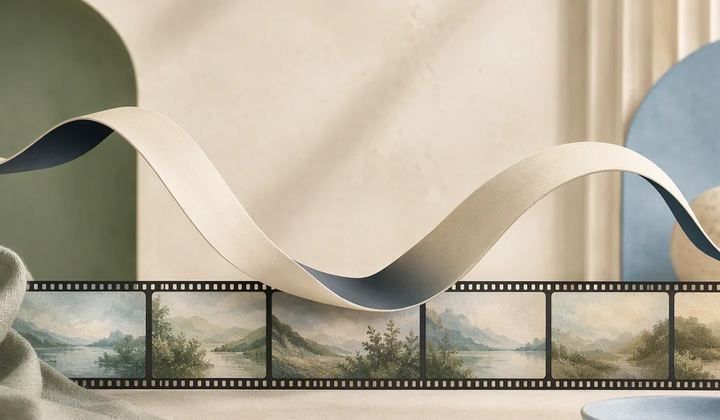 A sculptural ribbon with a gentle dip and recovery beside film frames.