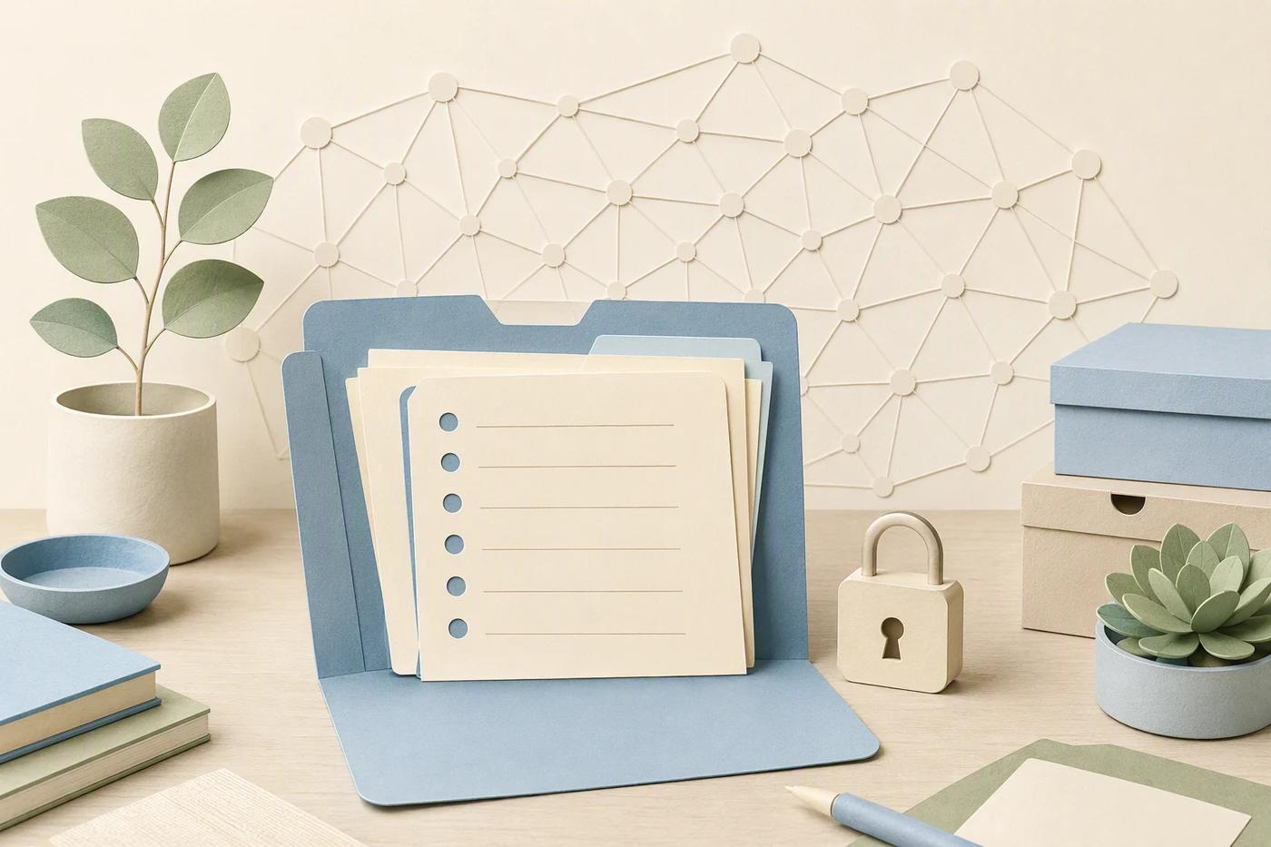 A sealed export folder opens onto a local desk rather than a network of services.