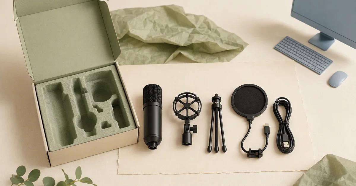 A microphone package is laid out with its included components clearly separated.