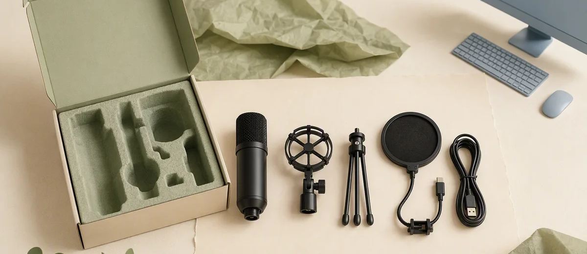 A microphone package is laid out with its included components clearly separated.