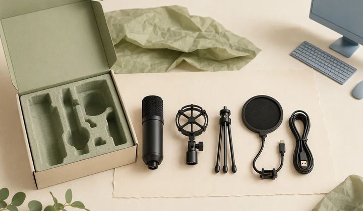 A microphone package is laid out with its included components clearly separated.