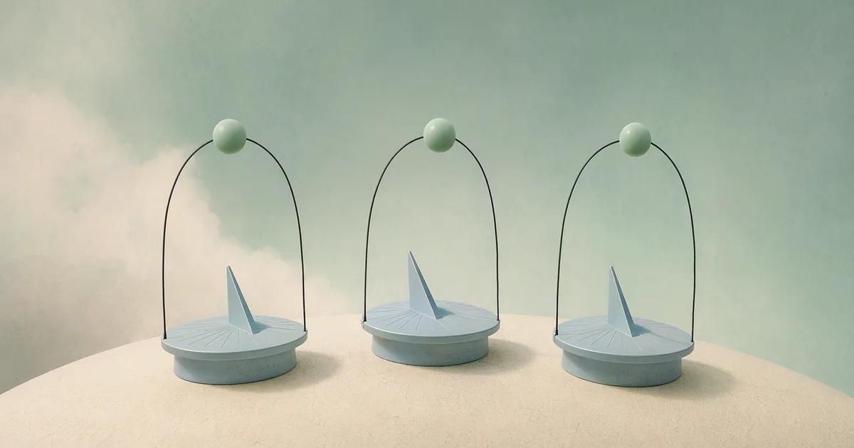 Three pale blue sundials stand on an ivory curved horizon, each connected to one mint scheduling bead without numerals.