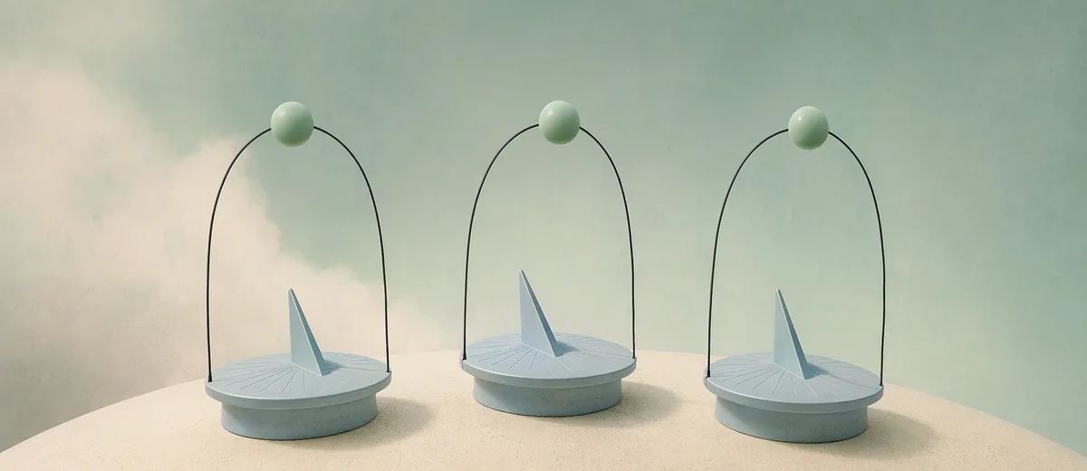 Three pale blue sundials stand on an ivory curved horizon, each connected to one mint scheduling bead without numerals.
