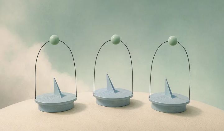 Three pale blue sundials stand on an ivory curved horizon, each connected to one mint scheduling bead without numerals.