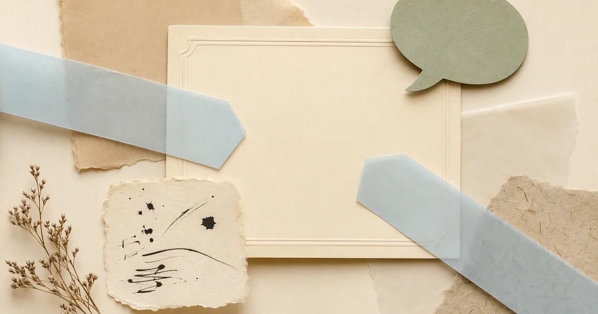 Translucent blue strips point toward a blank cream card beneath a sage speech bubble.