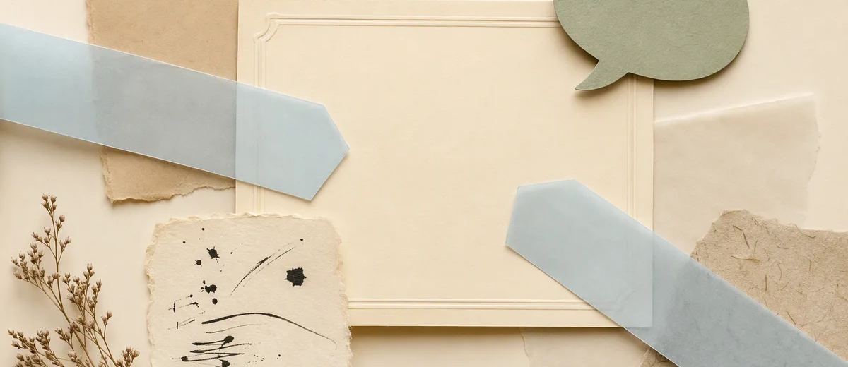 Translucent blue strips point toward a blank cream card beneath a sage speech bubble.