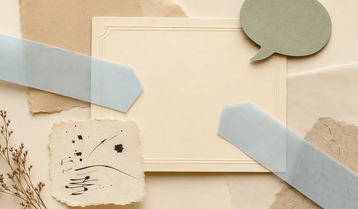 Translucent blue strips point toward a blank cream card beneath a sage speech bubble.