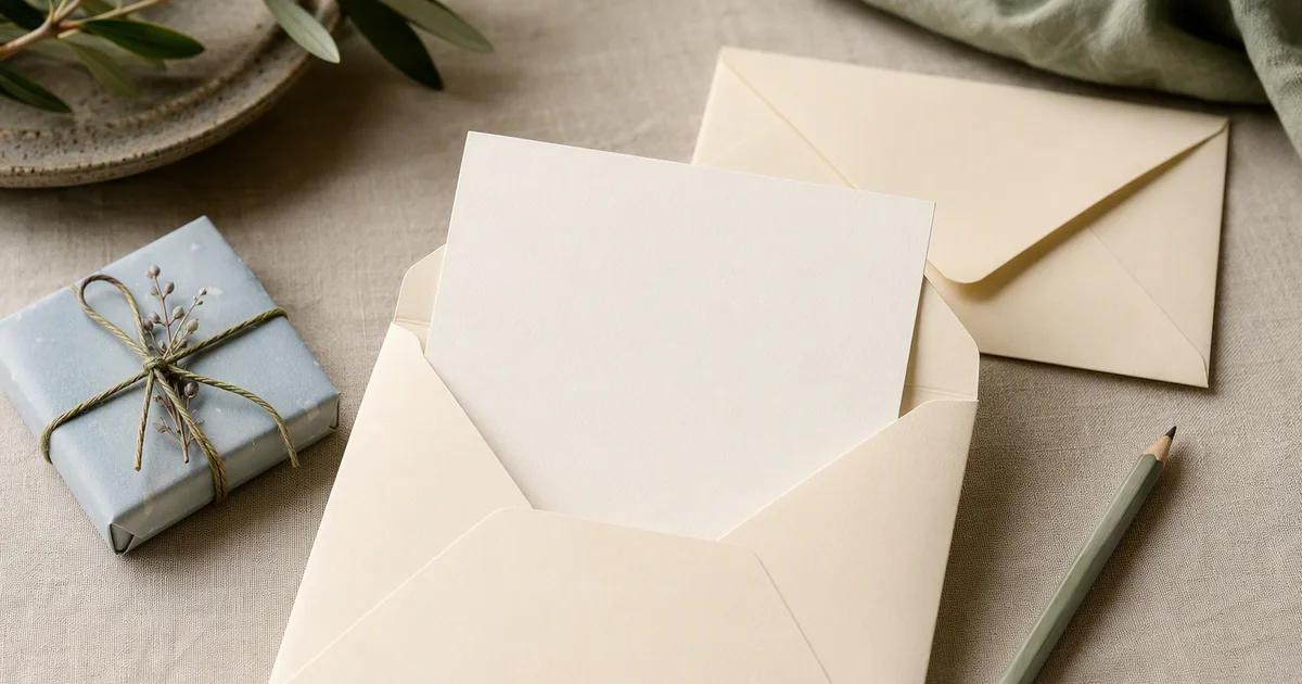 An open envelope holds a blank card beside a wrapped product sample and a pencil.