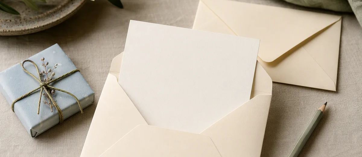 An open envelope holds a blank card beside a wrapped product sample and a pencil.