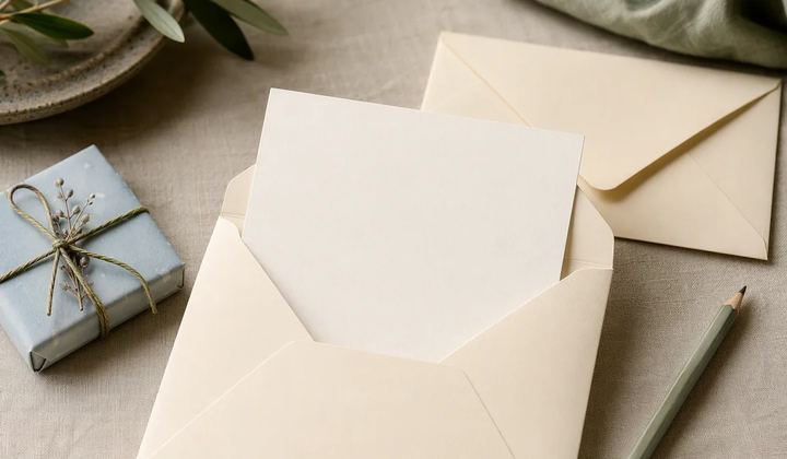 An open envelope holds a blank card beside a wrapped product sample and a pencil.