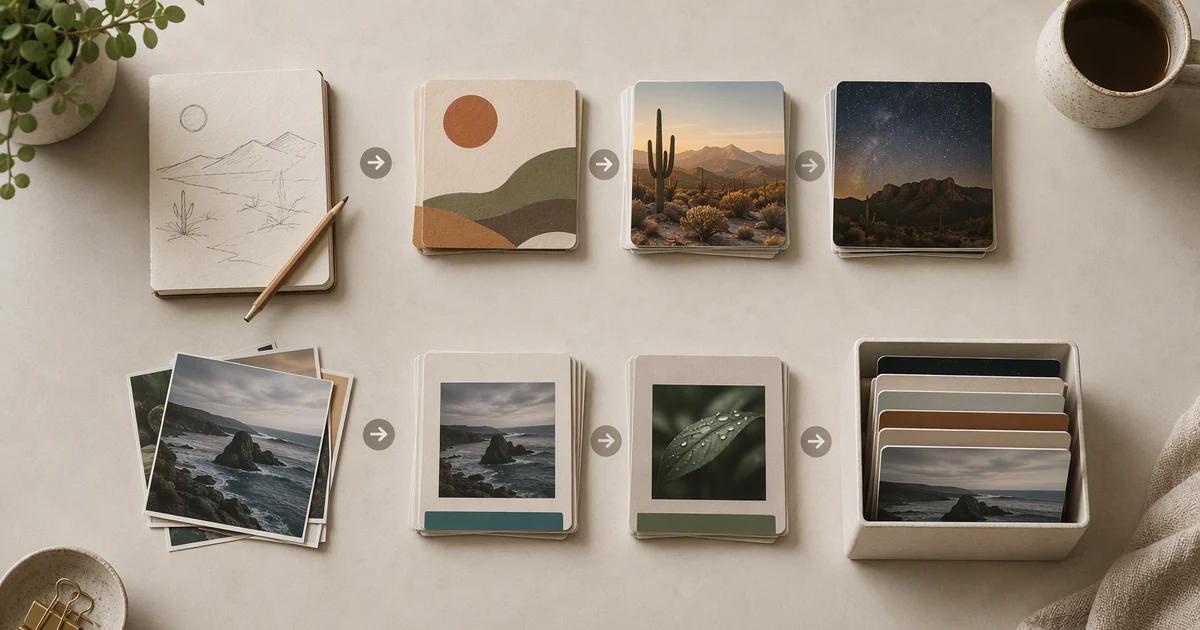 AI-generated conceptual cover: A refined editorial scene comparing two social publishing workflows: one set of tactile cards begins with an idea sketch and leads to finished carousel cards; a second set begins with finished media and leads to an orderly publishing queue. Equal visual weight, no