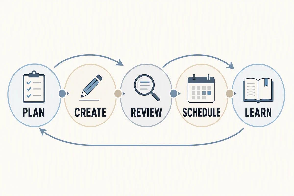 A working calendar connects planning, production, review, scheduling, and learning. AI-generated infographic.