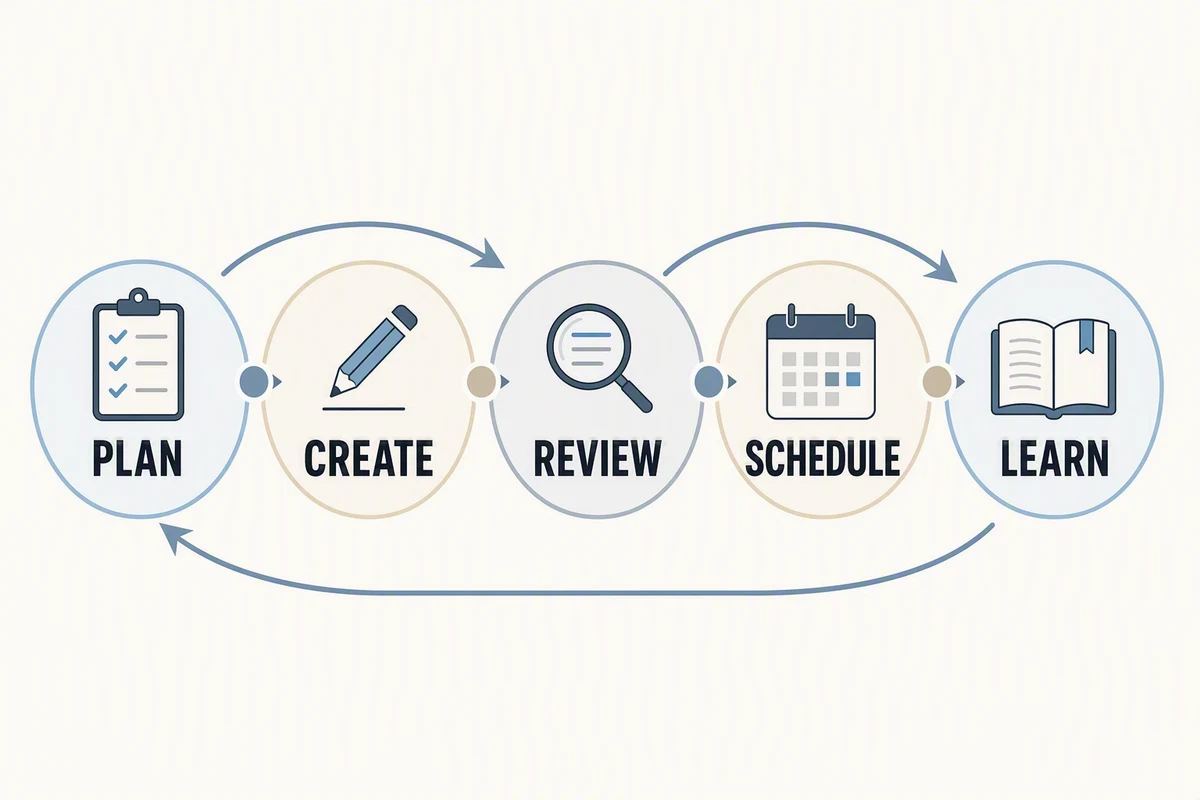 A working calendar connects planning, production, review, scheduling, and learning. AI-generated infographic.