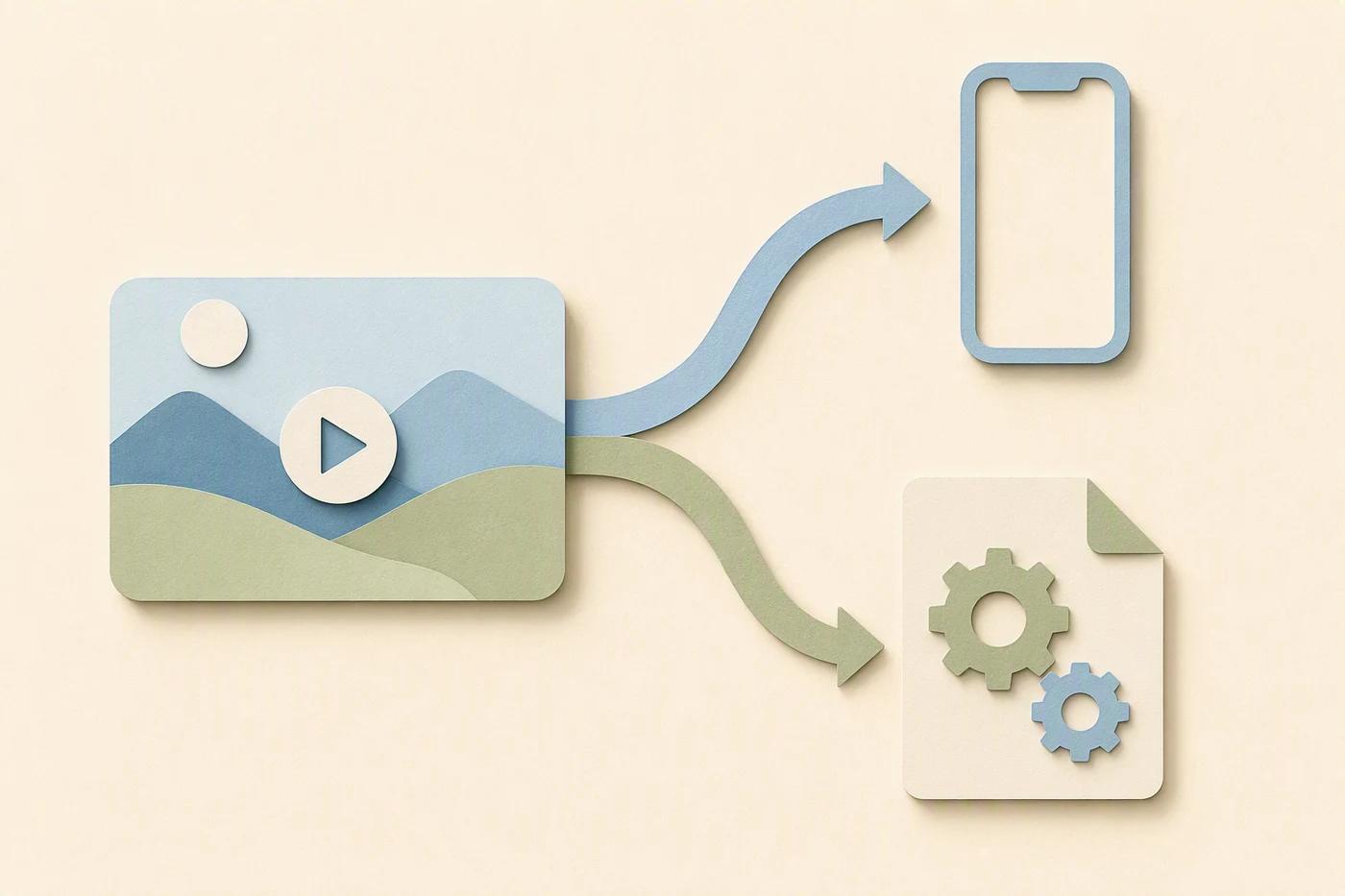 A source video card branches toward a phone outline and a document marked with gears.