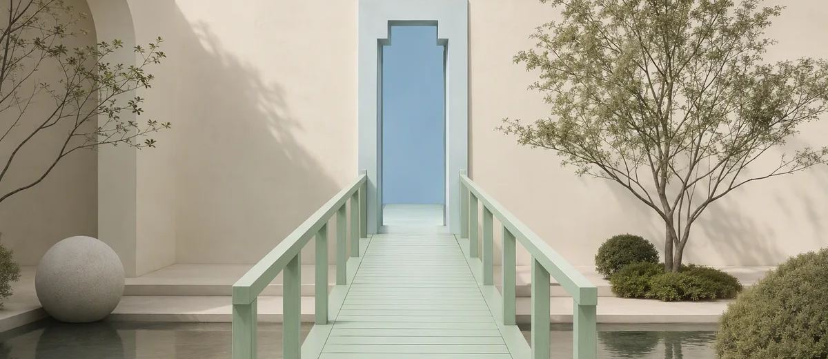 A mint footbridge terminates at a pale blue open doorway whose shape exactly matches the path, within a minimal ivory courtyard.