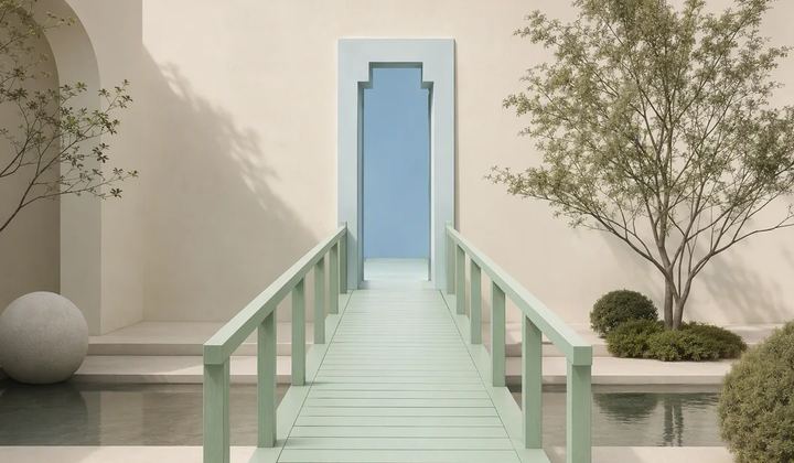 A mint footbridge terminates at a pale blue open doorway whose shape exactly matches the path, within a minimal ivory courtyard.