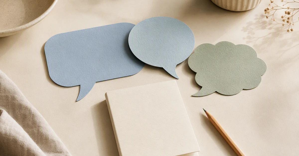 Three coordinated paper speech shapes and a pencil beside a compact writing guide.