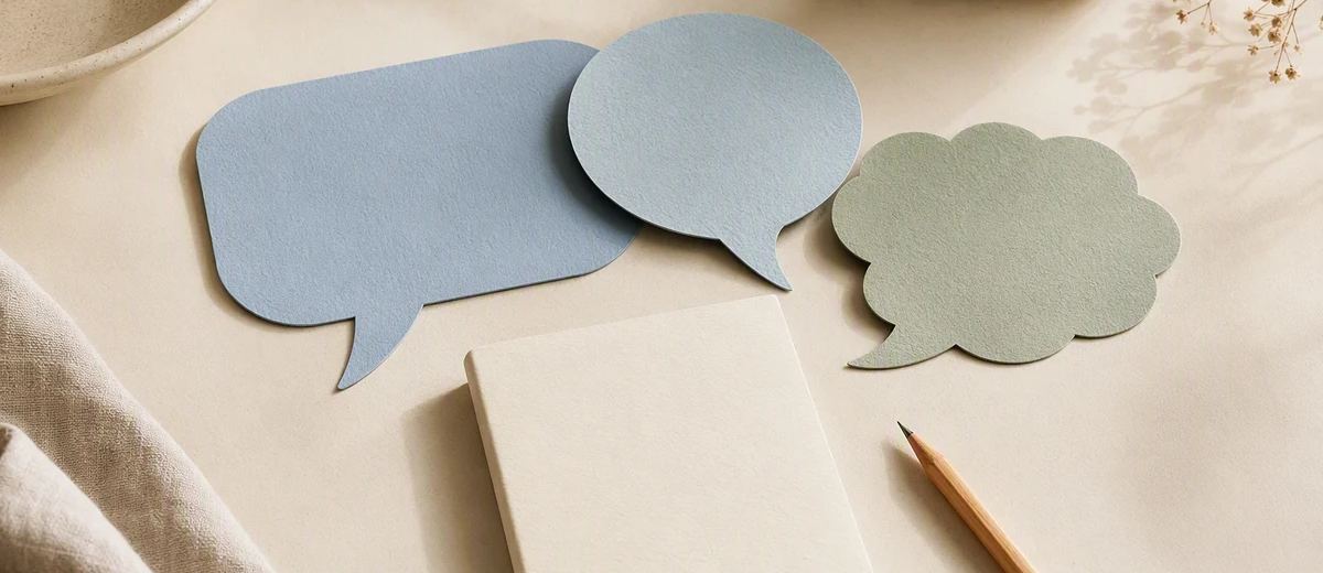 Three coordinated paper speech shapes and a pencil beside a compact writing guide.