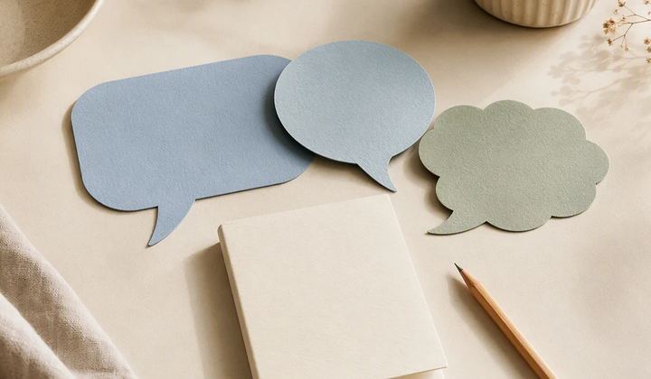 Three coordinated paper speech shapes and a pencil beside a compact writing guide.