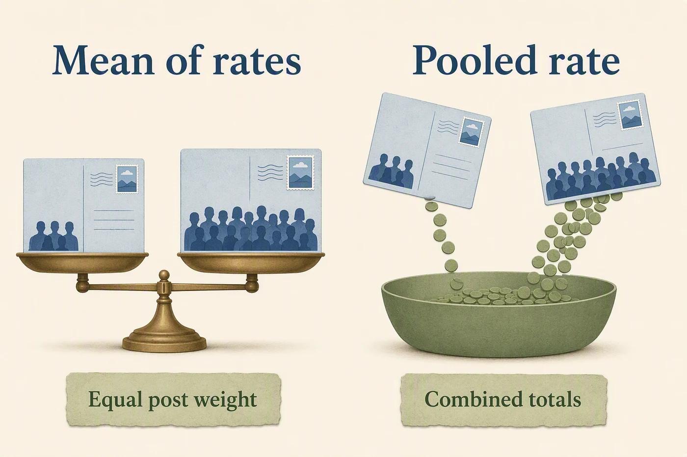 Illustrative comparison of equal-weight post rates and a volume-weighted pooled rate.