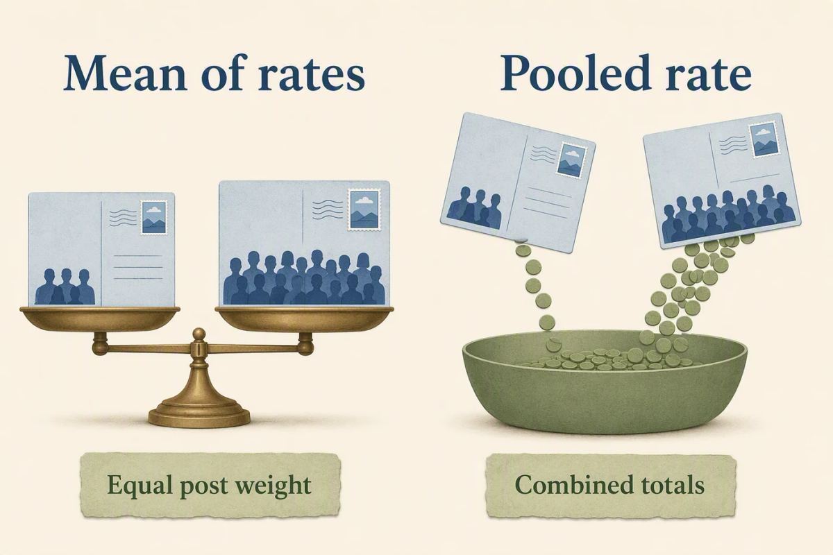 Illustrative comparison of equal-weight post rates and a volume-weighted pooled rate.