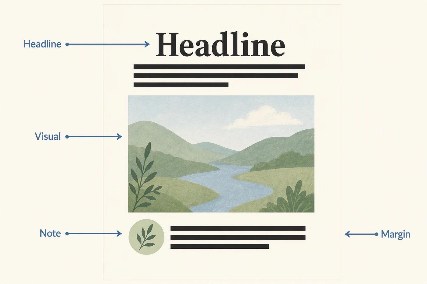Annotated slide diagram separates a headline, visual, supporting note, and generous margin.